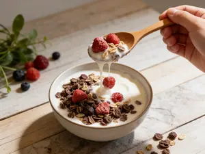Cacao Flavor Granola with Delicious Freeze-Dried Fruits- Strawberries, Figs, Blueberries, Mangos, Peaches, Apples,  almonds, Coconut Flakes, Dried Yogurt Bites⋯⋯