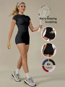 2-Piece Workout Set for Women Breathable T-Shirt & Gym Shorts Tummy Control, Side Pockets, Fast-Drying Fitness Outfit