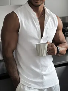 Men's Casual Sleeveless Vest, Stand Collar Half Open Front, Breathable Lightweight Fabric, Loose Fit with Pockets, Ideal for Fitness & Daily Wear