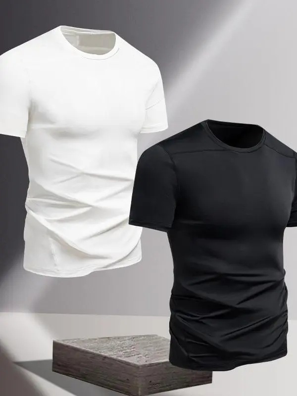 Men's 2-Pack Solid Compression T-Shirts, Short Sleeve Slim Fit Athletic Tops, Quick-Dry Stretch Base Layer for Gym & Running, Compression Shirts, Men's Compression Shirts