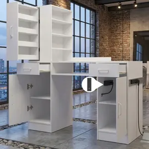 - Nail Desk for Nail Tech, White Manicure Table with Glass Top & Power Outlet, Hand Cushion Pillow, Large Storage, US B Plug 110-127V, MDF, Salon Furniture, Portable Foldable Beauty Station