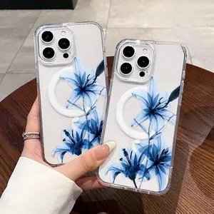 Magnetic Soft Case for iPhone 17 15 16 14 Pro Max 13 12 11 XR XS Plus E Air Blue Lily Pattern Anti-Yellowing Shockproof ultra-thin Silicone Crystal Transparent Acrylic Large Hole Cover Supports Wireless Charging