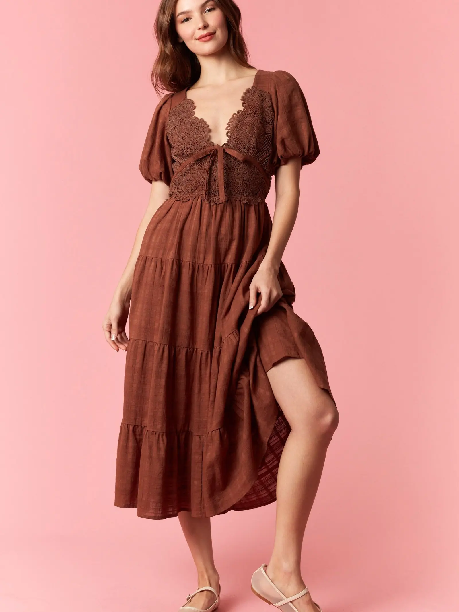 Textured Linen Woven With Lace Overlap Bow Tie Detailed Bubble Sleeve Maxi Dress