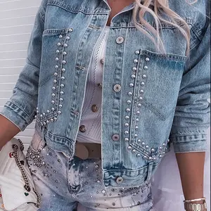 Sky Blue Rivet Studded Pocketed Denim Jacket Casual LARGE