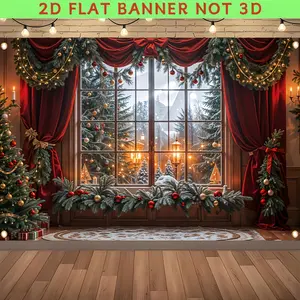 2D Flat Christmas Backdrop, Exquisite Tree Snowy Window Scene HD Print, Easy Hanging Decor for Winter New Year Home Outdoor Party Photography, Photo Booth, Party Banner