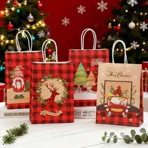 12 Reusable Christmas Gift Bags, 4 Styles Handmade Paper Bags with Handles, Ideal for Holiday Gifts and Presents, Kraft Paper Shopping Bags
