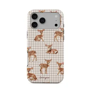 Darlingcase Customized TPU Deer Phone Case for iPhone 17 Pro Max,16 Pro,15,14,13,12,11,8,7,X,XS Max – Watercolor Fawn Woodland Animal Beige Gingham Cottagecore Aesthetic, Dual-Layer Shockproof Drop Protection Anti-Scratch Cover, Gift for Women