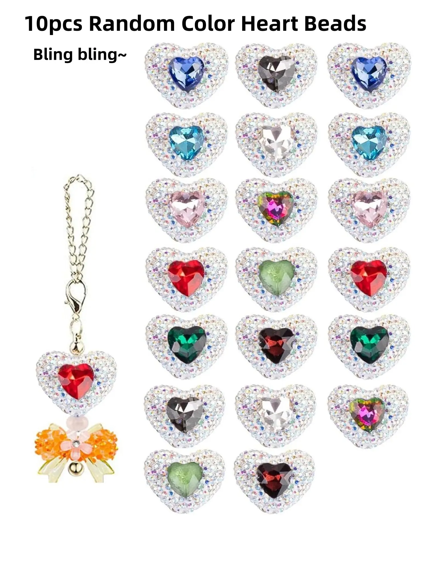 10Pcs Random Color Full-Diamond Heart Shape Beads, Rhinestone Heart Shaped Chunky Glitter Beads, Decorative Beads for Jewelry Keychains Charm Making, Diy Mixed Beads, Jewelry Making Supplies, Decoration Beads