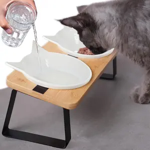 Elevated Cat Bowl Stand for Food and Water - Anti-Vomiting Elevated Feeding Station with Tilted Bracket - Cat Ear Design with Detachable Ceramic Bowl and Non-Slip Bamboo Base Suitable for Indoor Cats and Kittens Raised Cat and Dog Bowls Set