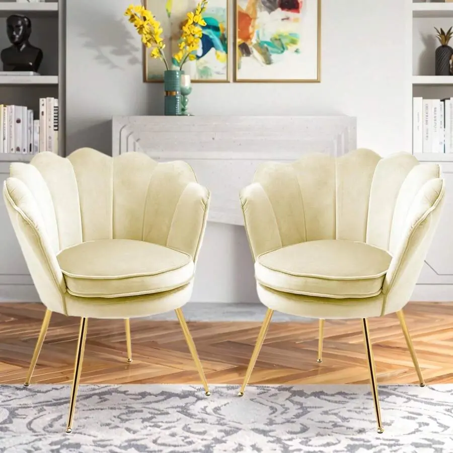 Petal Chair 2 Piece Set, Upholstered Velvet Accent Chair With Cushion And Metal Legs, Vintage Casual Tufted Flower Chair For Living Room Bedroom Reading Area
