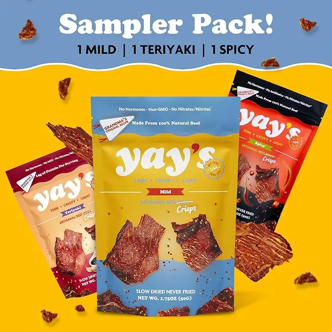 Yay’s Beef Jerky – Variety Pack of 3 Flavors (Mild, Spicy, Teriyaki) – 3 pack - Thin and Crispy - Crispy Meat Snacks with 24G Protein per Bag | Non-GM
