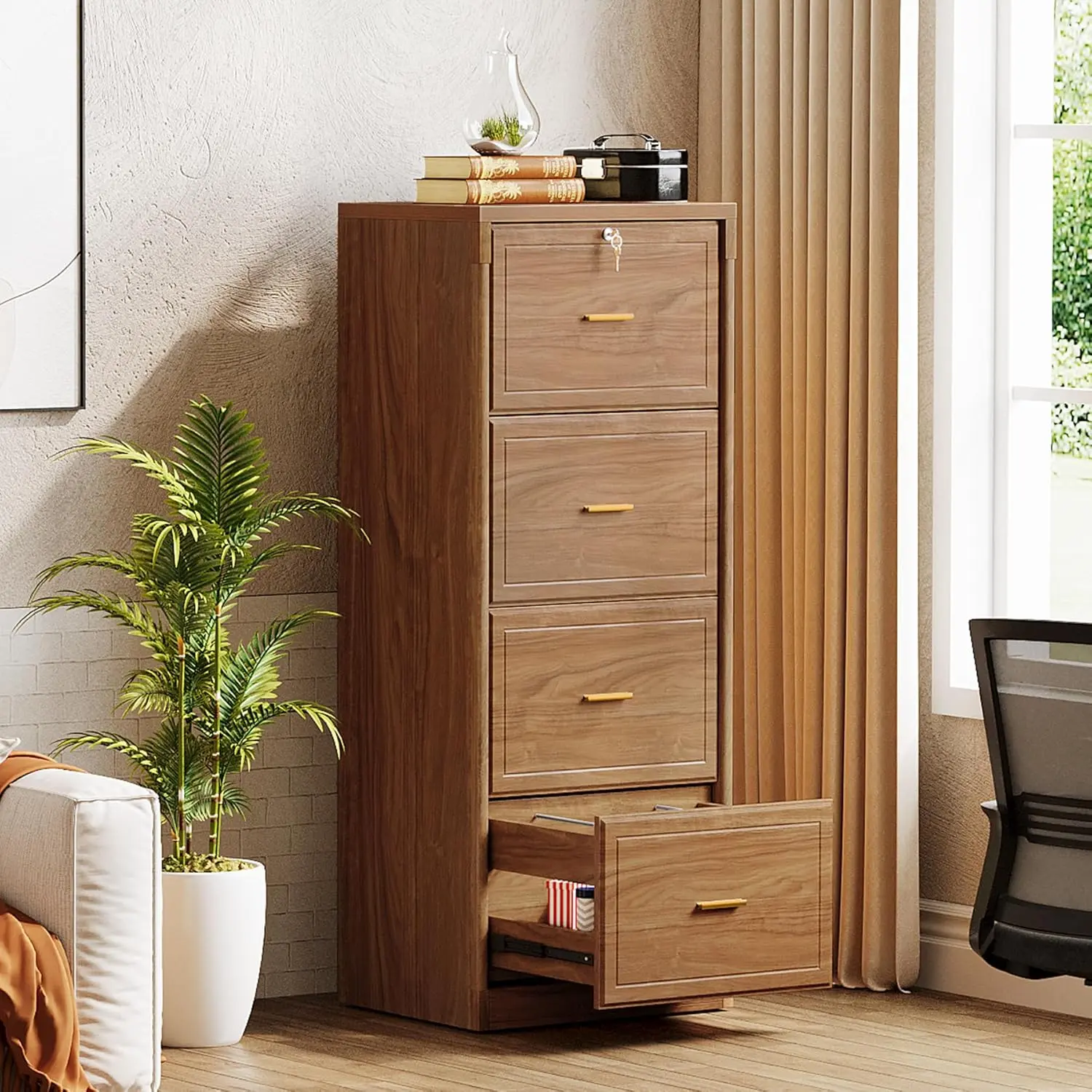 LITTLE TREE 4-Drawer File Cabinet with Lock, Locked File Cabinet with Key, Heavy Duty Wooden Filing Cabinets for Home Office, Vertical Office Storage for Legal Size/Letter/A4/Files