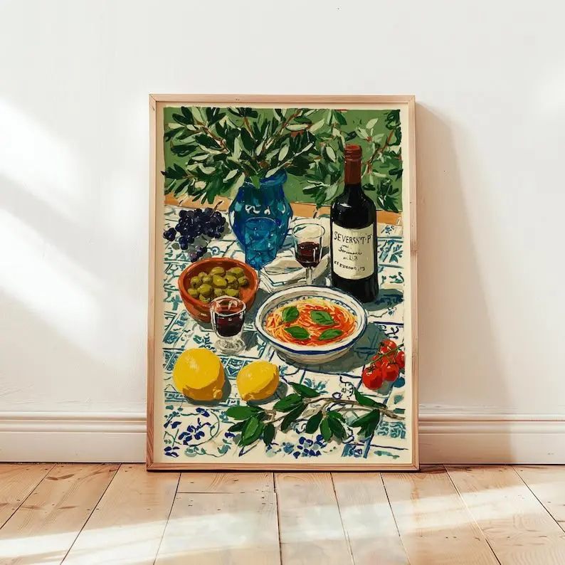 Mediterranean Table Poster, Italian Food Print, Kitchen Wall Art