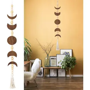 Moon Phase Wall Hanging Wood Beaded with Tassel Phases of The Moon Boho Home Decor for Living Room Bedroom Office Brown