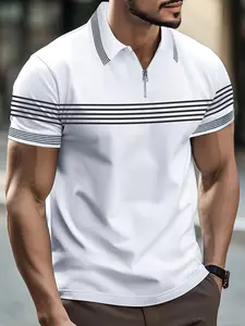 Men's Polo Shirt Striped Short Sleeve, Menswear, Colorblock Design, Zipper Neckline, Casual Fitted Style, Perfect Holiday Gift, Daily Wear
