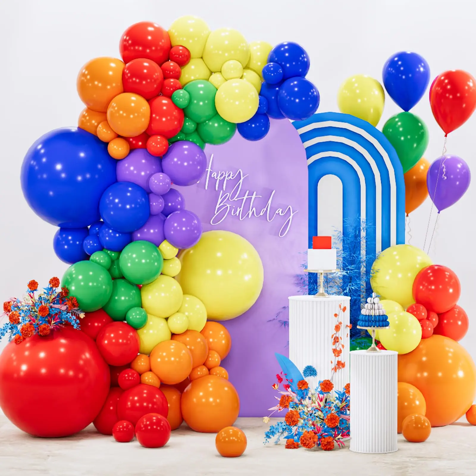 PartyWoo Colorful Latex Balloon Arch Garland Kit (142pcs) - 18in,12in,10in,5in Blue,Red,Green,Purple,Yellow,Orange for Blue Baby Shower Decor,Festive Decorations, Balloon Arch Balloons