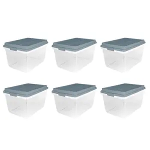 Hefty 72 Qt Hi-Rise Stackable Plastic Storage Bin with Lid, 6 Pack, Smoke Blue
