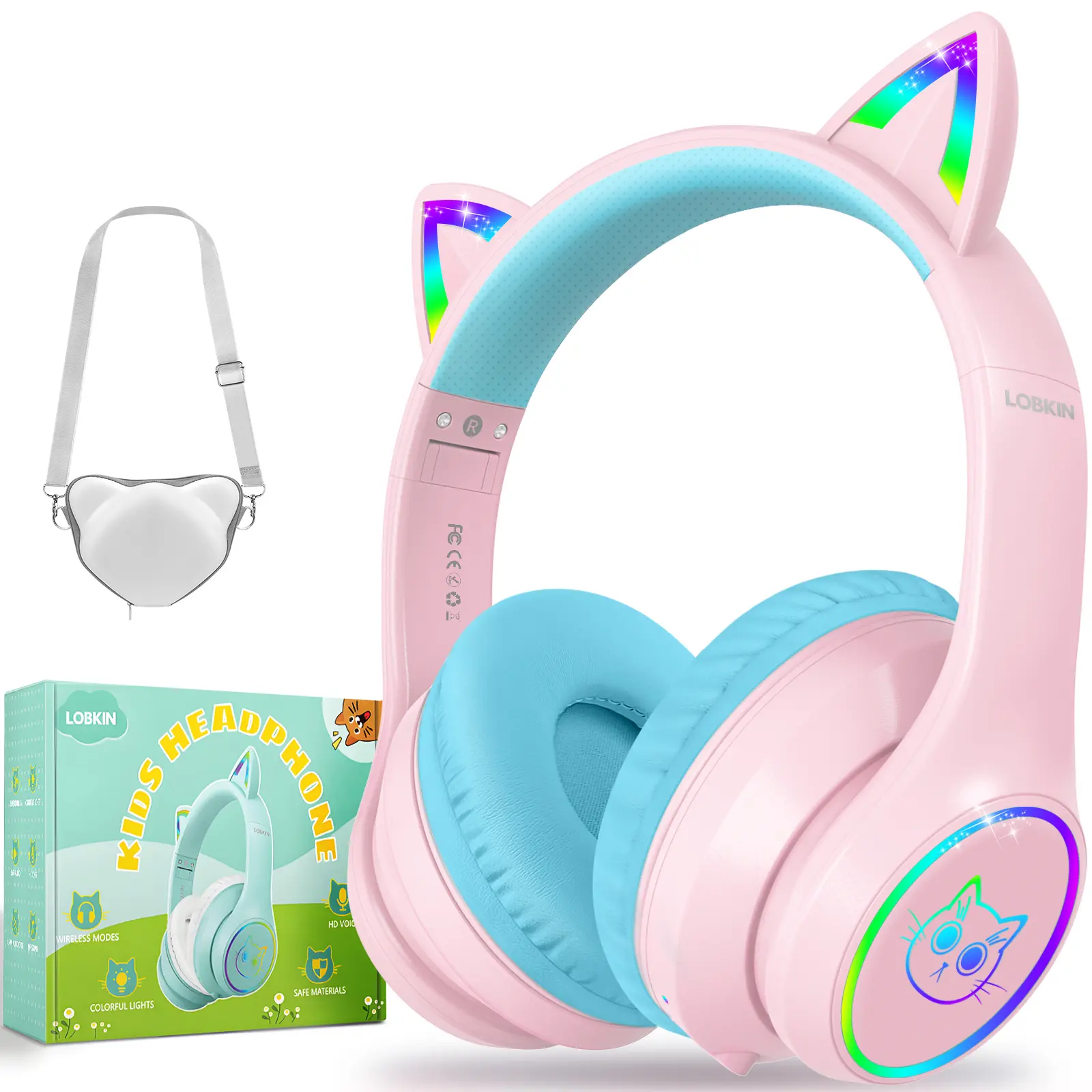 LOBKIN Bluetooth 5.4 Electronic Kids Over-Ear Headphones with Sponge Cushion, RGB LED Cat Ears, Folding Adjustable Design, Case, Dual Connection (Wireless/Wired 3.5mm) for Boys & Girls