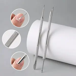 2pcs Stainless Steel Dual-Ended Nail Cuticle Pusher Circle Bevel Shovel For Dead Skin Polish Prep Manicure Pedicure Salon