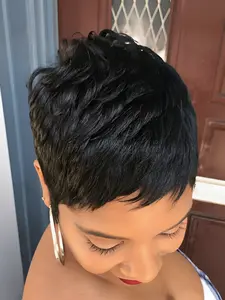 Pixie Wig Blonde Burgundy, Machine Made Human Hair Wig for Women, Daily Party Use, Stylish Gift Layered Pixie Cut, Highlight Bob Wig