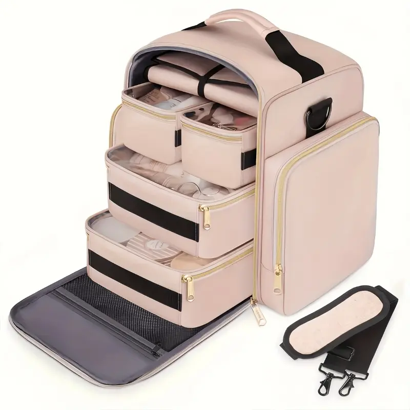 Travel Makeup Organizer Bag, Vanity Makeup Organizer, Cosmetics Organizer, Makeup Bags, with 4 Removable Compartments & Jewelry Roll - Multi-Pocket Cosmetic Case, Gold-Tone Hardware, Spacious Toiletry Storage for Skincare & Makeup Brushes - Beauty Bag
