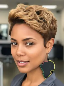 and Light Wave Wide Bangs Wig Cap, Short Synthetic Fiber Hairpiece, European and American Best-Selling Fake Hair, Synthetic Wavy Wig, Stylist Friendly Wig