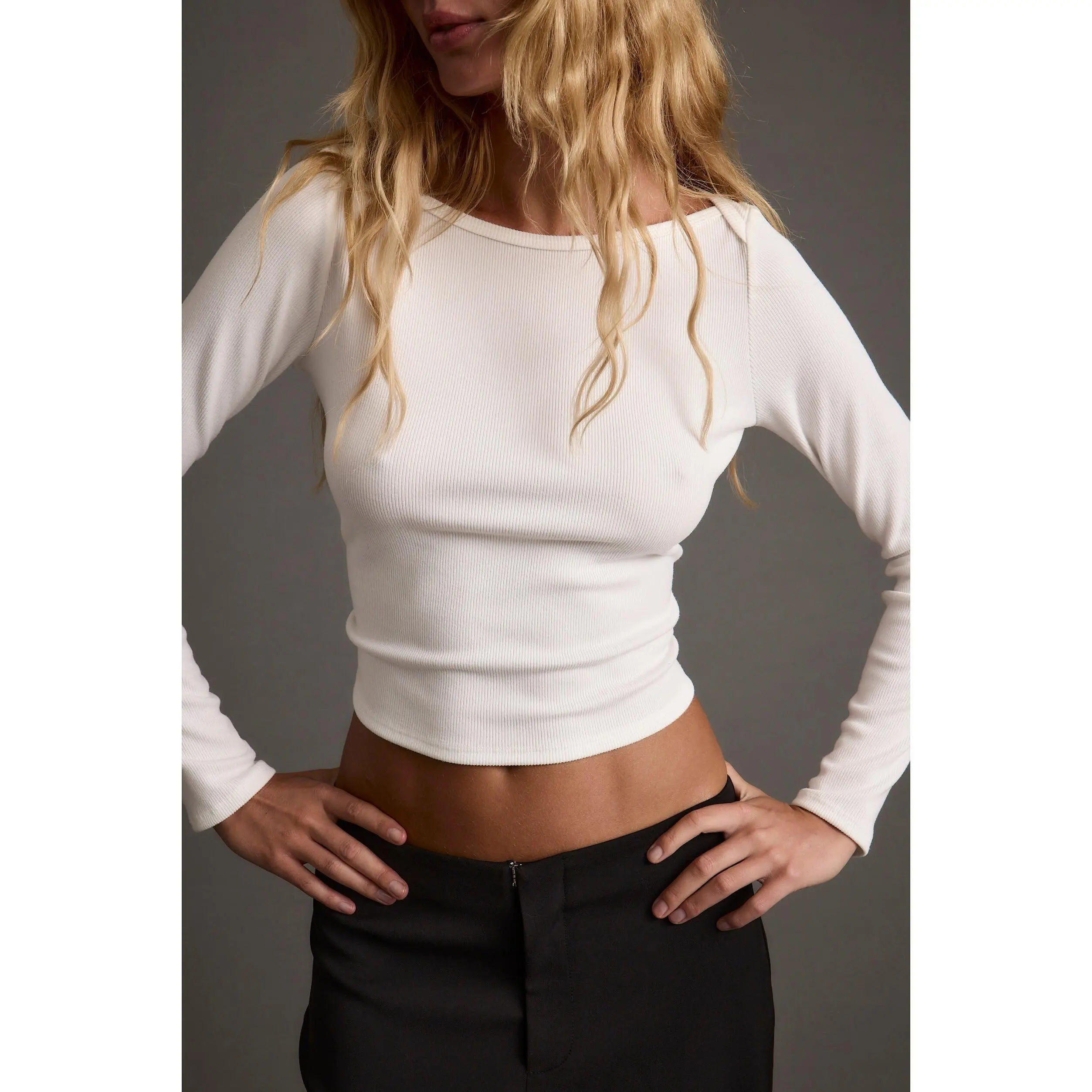 12th Tribe Matti White Boat Neck Top, Chic Soft Ribbed Knit Blouse for Women with Flattering Cut