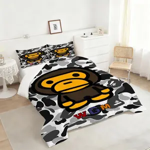 Stylized Monkey Character Comforter Set, Colorful Cartoon Design Bedding Set, Quilt Cover Set, Soft Quilted Comfort for Kids Room, Trendy Streetwear Aesthetic with Camouflage Background, with 1 or 2 Pillowcase No Pillow Core