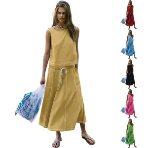 Tanming Women's 2 Piece Novelty Skirt Sets Beach Vacation Outfits Sleeveless Crew Neck Tank Top and Skirt Drawstring with Pockets Fitted springfresh Vibrant Basic Womenswear