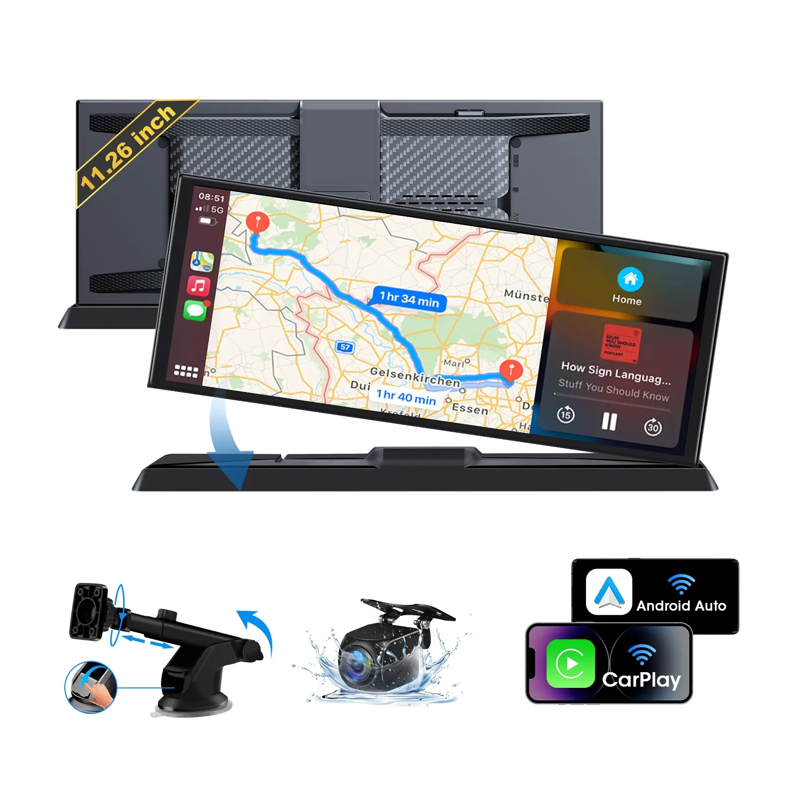 11.26 inch Apple Carplay Touchscreen for Car Wireless Car Play & Android Auto with Backup Camera/Bluetooth/GPS Navigation/Voice Control/Mirror Link/Videos/OEM Style Bracket