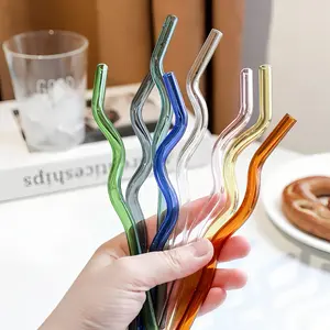 6pcs Wave-Shaped Colored Reusable Glass Straws, Borosilicate Glass Straws with Cleaning Brush,  kitchen utensils and party supplies, high-quality, Suitable for smoothies, coffee, fruit juice, milk , beverages, Best Choise for weddings, Drinking Straw