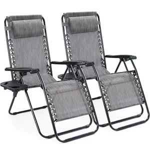 Gravity Set of 2 Portable Recliner Camping Patio Outdoor Folding Lounge Chair with Cup Holder Trays Adjustable Pillow