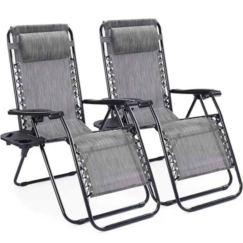 Gravity Set of 2 Portable Recliner Camping Patio Outdoor Folding Lounge Chair with Cup Holder Trays Adjustable Pillow
