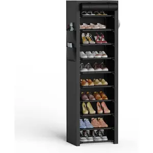 Vertical Narrow Shoe Rack Organizer Tall Shoe Rack for Closet Entryway 10 Tier Non-Woven Cover Shoe Shelf Holds 20-22 Pairs Free Standing Shoe Storage Cabinet with Dustproof Cover, Black