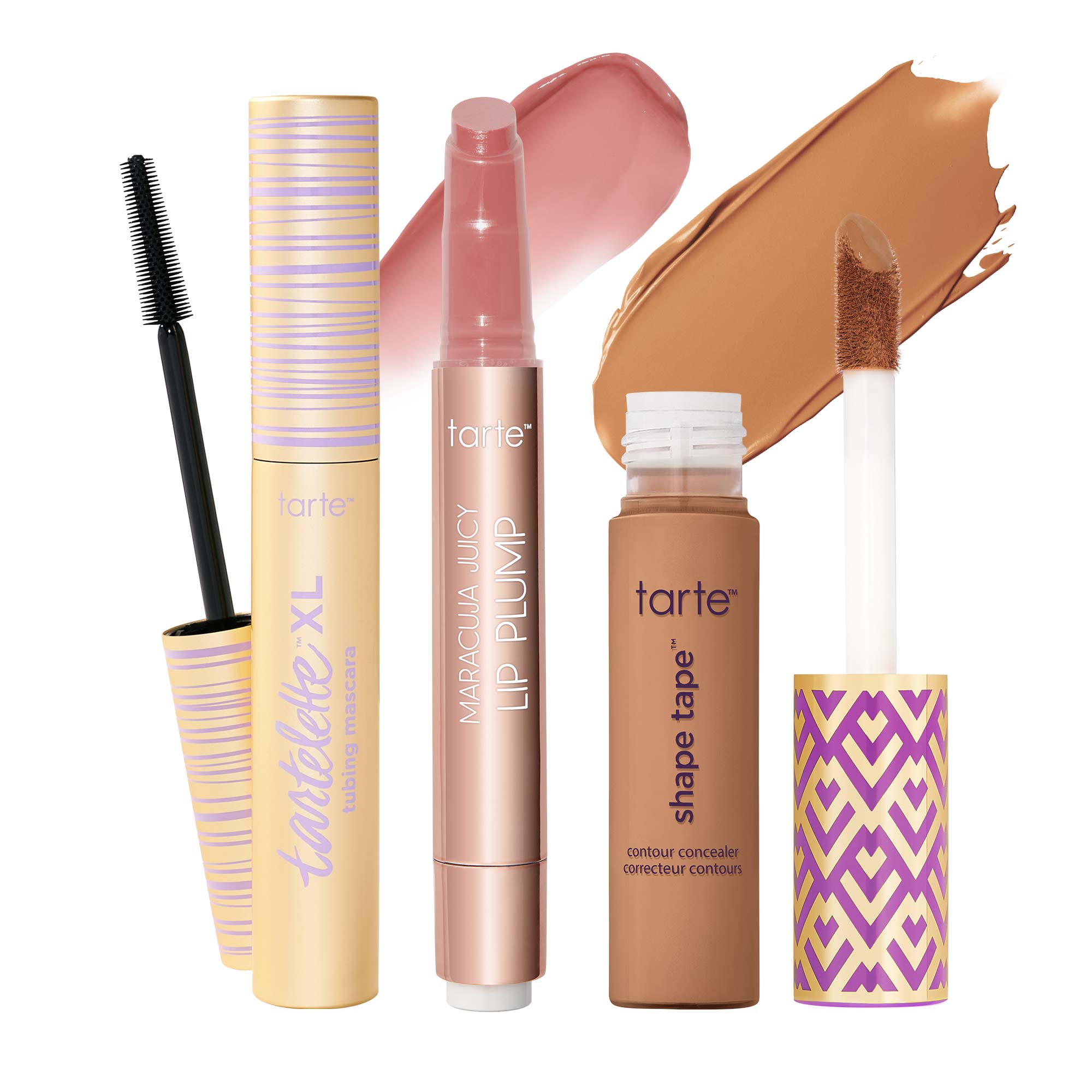 tarte shape tape concealer, XL tubing mascara and maracuja juicy lip plump trio
