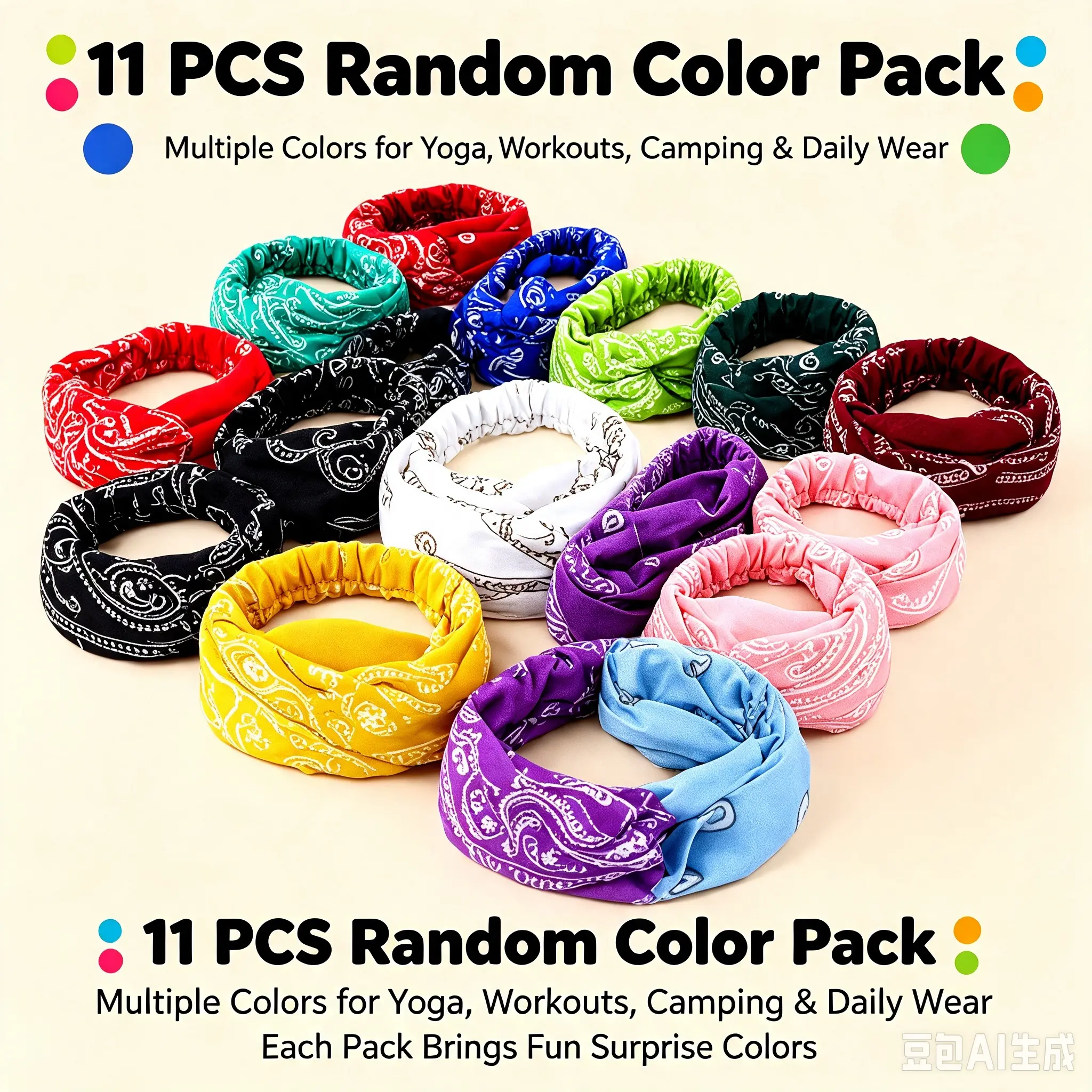 Women's 11PCS Non-slip Elastic Headbands - Boho Ethnic Pattern Wide Soft Turban Hair Wraps for Yoga, Camping - Random Color Assorted Pack