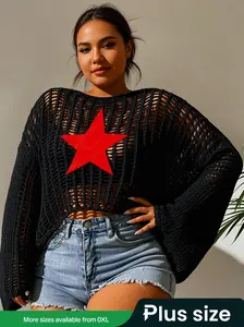【Plus Size】 Star Pattern Hollow Out Sweater Pullover Without Bottom, Casual Long Sleeve Boat Neck Jumper for Spring & Fall, Women's Plus Clothing for Daily Wear
