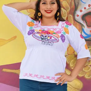 Catrina Blouse Manga 3/4 Mexican Embroidered Dia de Los Muertos Blouse with Vibrant Embroidery and Unique Catrina Design Elastic Waist S/M G/XL 2X