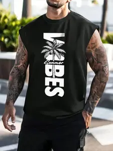 2026 Must-Have Tropical Summer Themed Sleeveless Tank Top, Unisex Oversized Vest with Exclusive "VIBES" & Graphic Palm Tree Print, Ideal for Casual Summer Fashion, Beach Leisure, Vacation Outings, A Trendy Piece for Summer Enthusiasts to Express Passion.