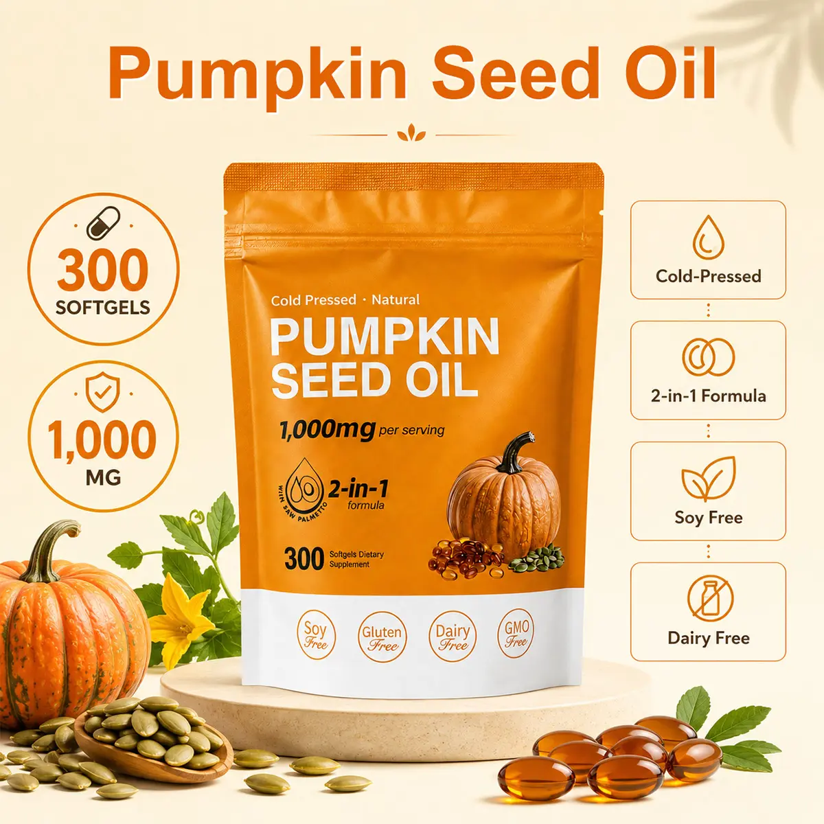 SummerVibes Pumpkin Seed Oil & Saw Palmetto Softgels, 1000mg High-Content Plant Esters, 300  - Wellness Supplement capsule