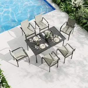 7 Piece Patio Dining Set for 6, Outdoor Metal Dining Furniture Set with Rectangular Slatted Table and 6 Breathable Textilene Chairs, Modern Patio Table and Chairs for Backyard, Deck, Porch, Poolside