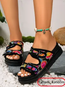Women's Fashionable Embroidered Decorated Slip on Sandals, Boho Style Rhinestone Decor Platform Sandals for Beach Vacation, All-match Commuter Shoes for Work & Daily Wear, Girl, Adjustable Sandals