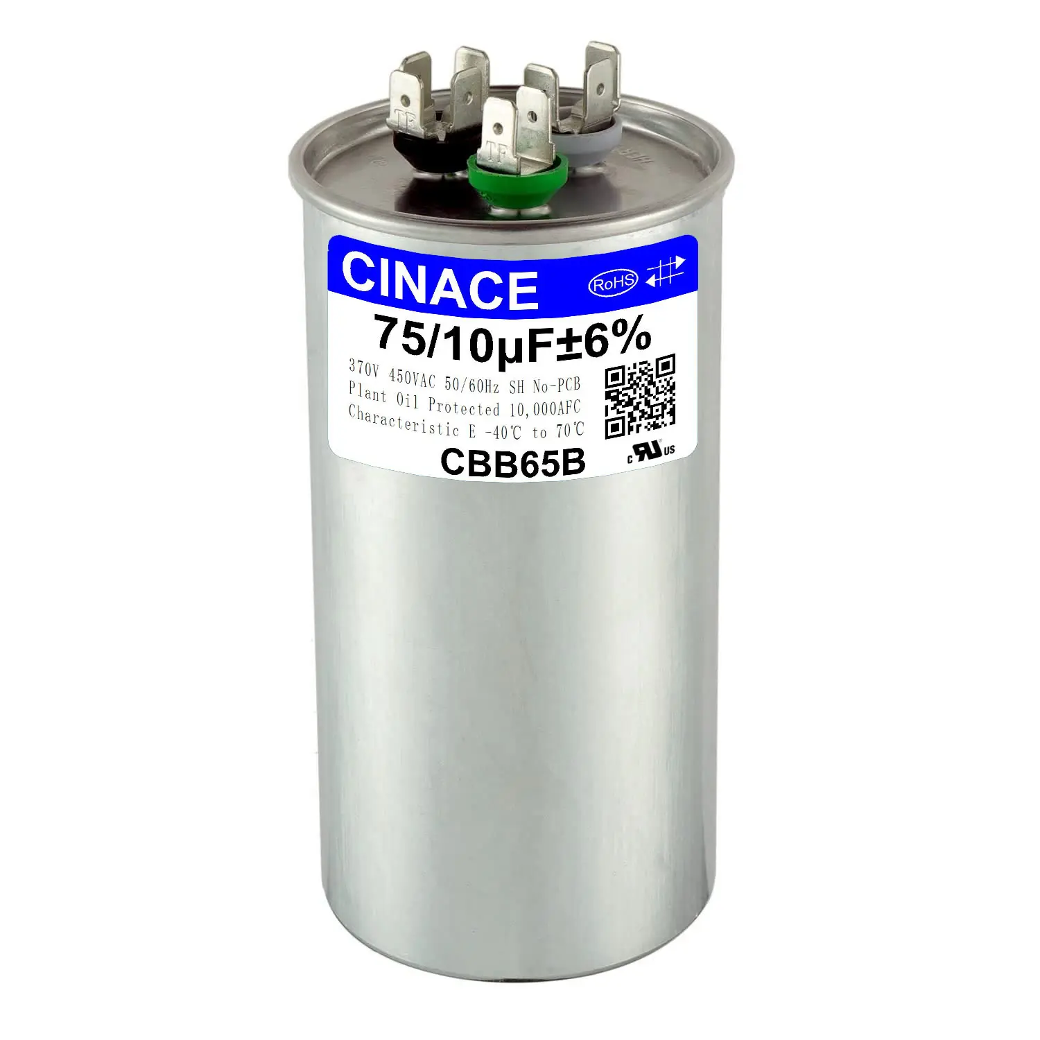 CINACE 75+10μF 75/10 MFD ±6% CBB65B Round Dual Run Circular Start Capacitor, 370/450VAC 50/60Hz, AC Compressor & Fan Motor Capacitor for Air Conditioner, Condenser Straight Cool, Heat Pump, HVAC System, Ice Maker