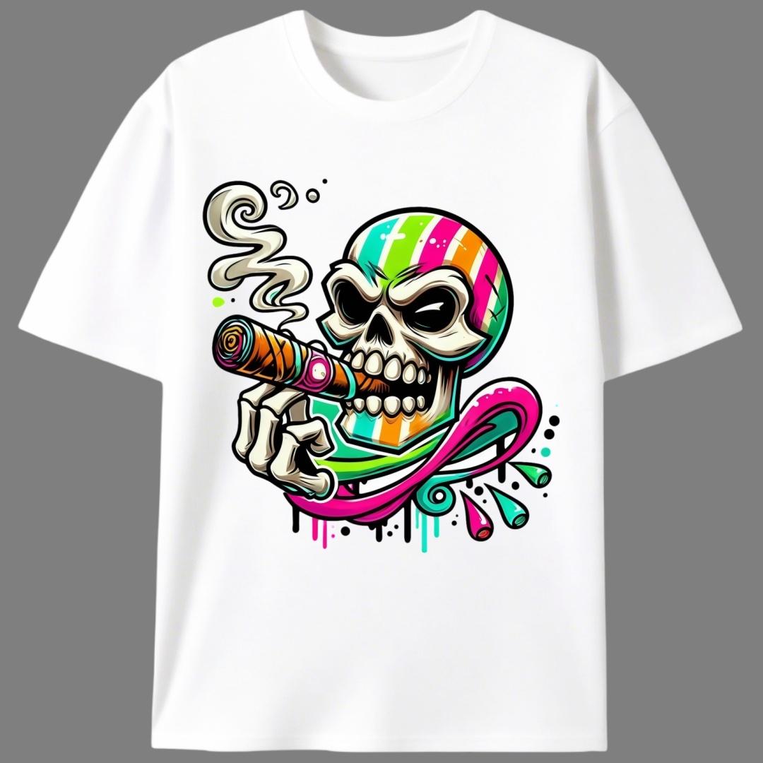 Rainbow Cigar Skeleton Summer T-Shirt, Men's Unisex Streetwear Graphic Tee, Cool Candy Colored Skeleton Casual Shirt for Hip-Hop Lovers