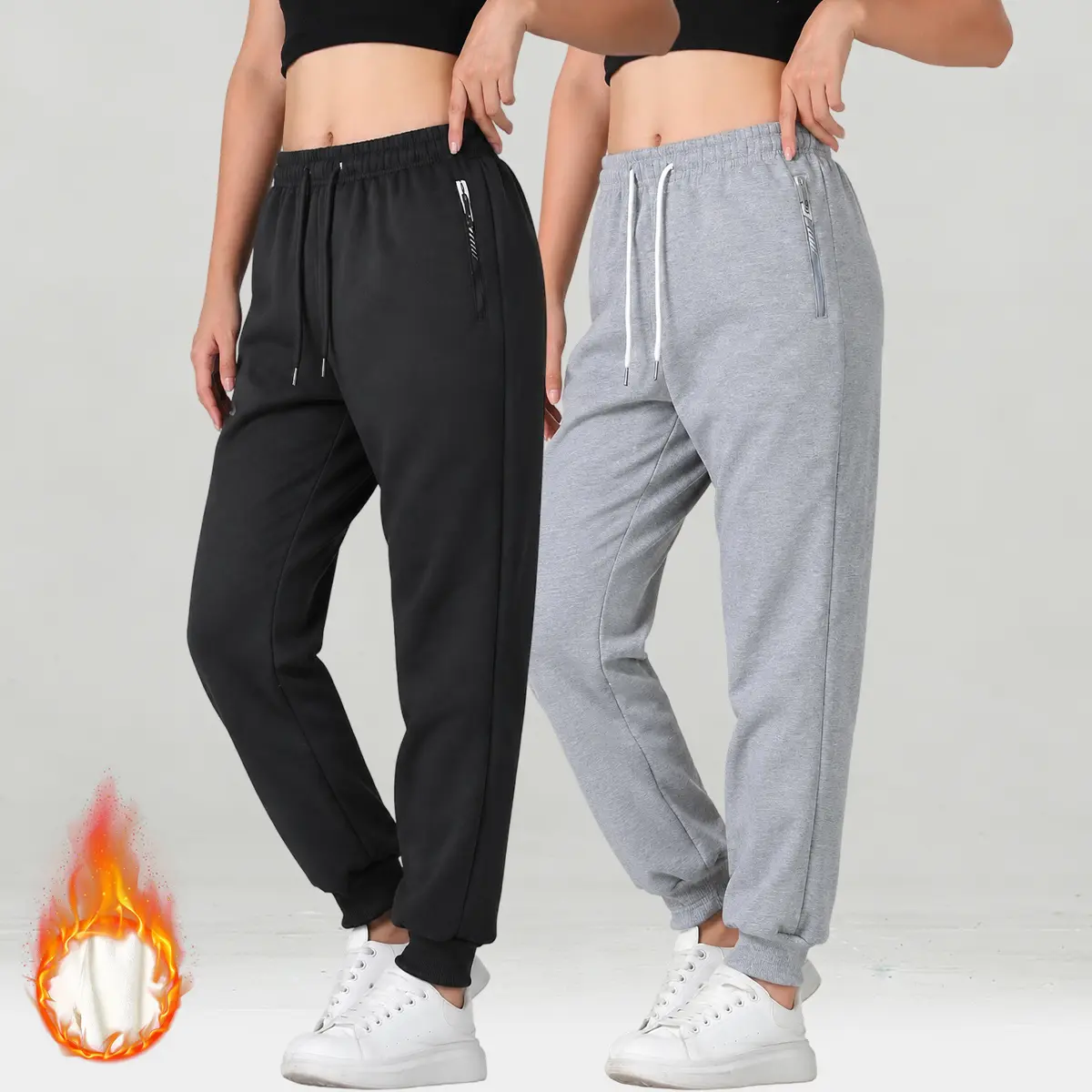 Two-pack women’s fleece-lined winter jogger pants, loose fit with zippered pockets, warm casual trousers suitable for everyday wear and outdoor activities, ideal as a Christmas gift.