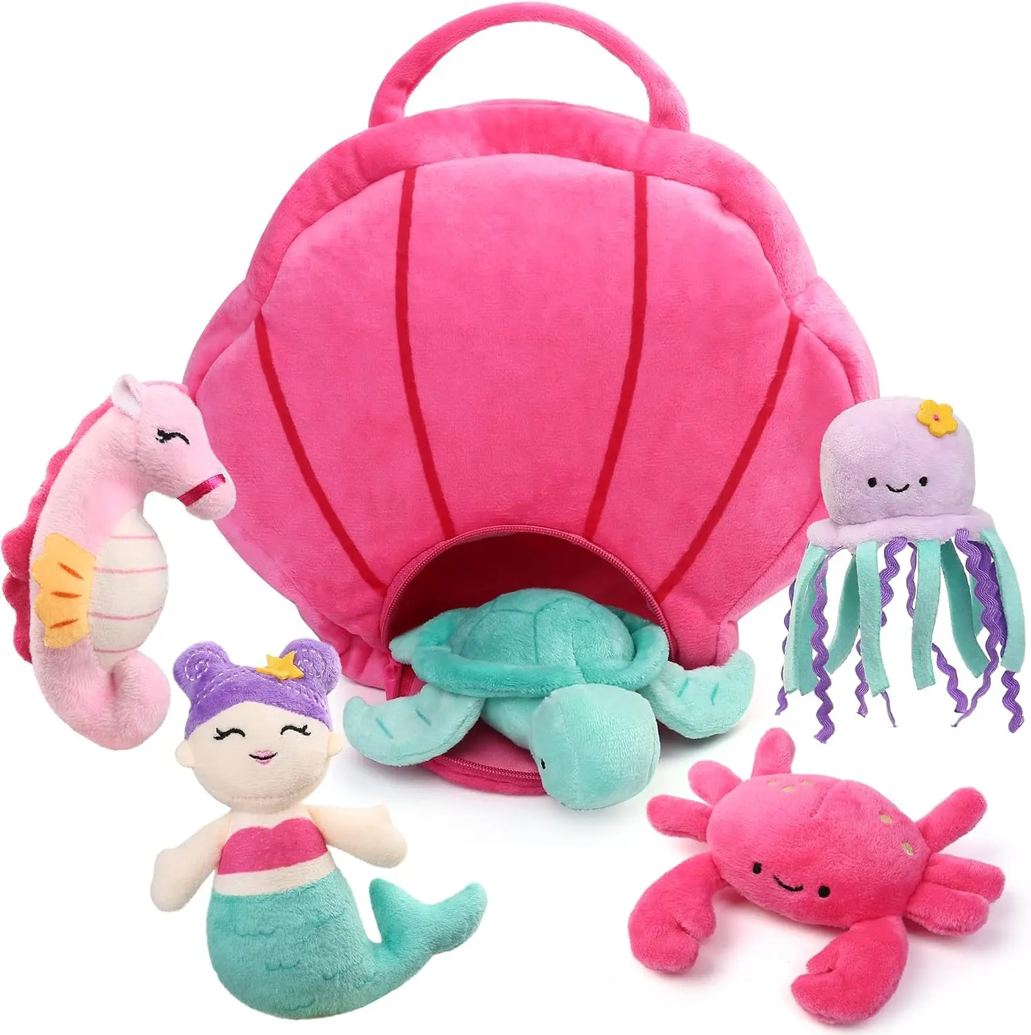 BenBen 5-Pack Ocean Stuffed Animal Set, Sea Creature Plush Toys with Shell Carrying Bag, Cute Plushies for Baby Toddler Kids, Sea Turtle, Octopus, Mermaid, Seahorse, Crab, Baby Shower Party Favors