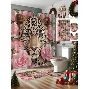 4pcs Leopard Print And Pink Rose Shower Curtain Set With 12 C-Shaped Hooks - Waterproof, Machine Washable, Animal Print - Waterproof, Non-Slip Bath Mat, Toilet Seat Cover And U-Shaped Carpet Bathroom Curtain Set -
