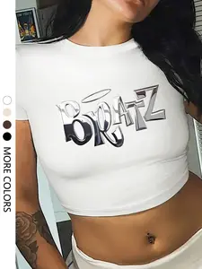Women's Bratz Letter Print Round Neck Crop Tee, Vintage Trendy Casual Short Sleeve T-shirt for Daily Wear, Ladies Summer