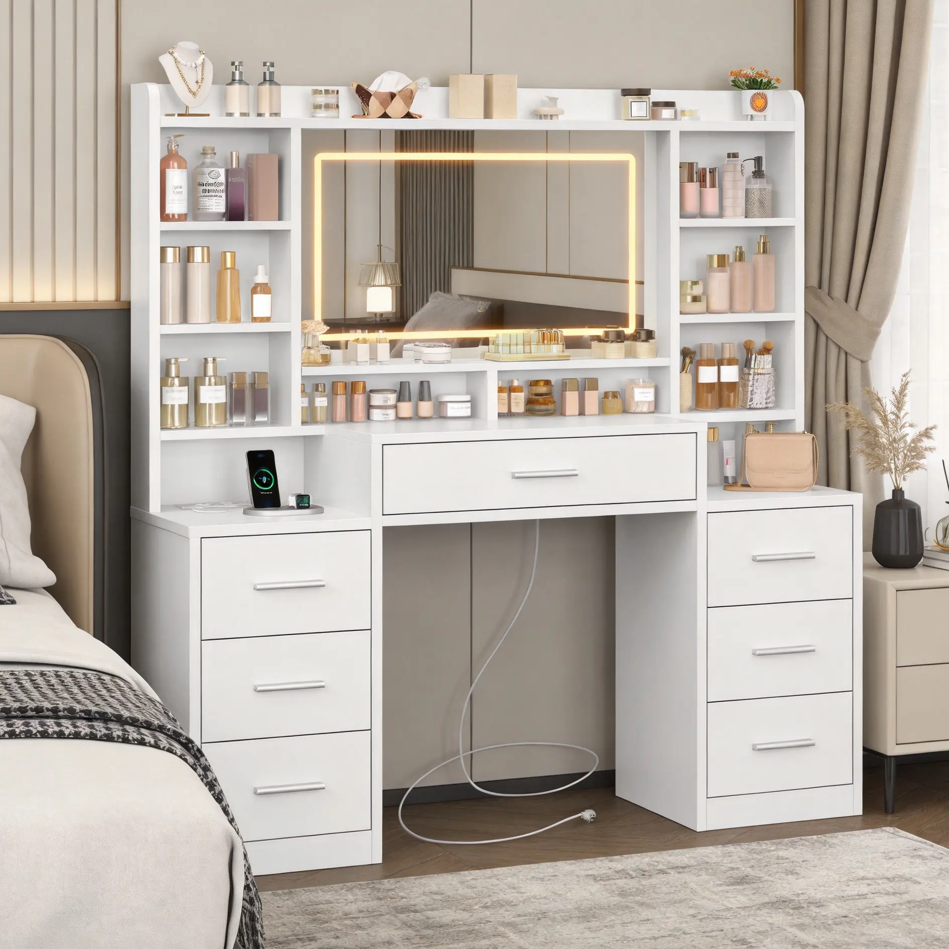 Large Vanity Set with LED Lighted Mirror & Power Outlet, 7 Drawers Makeup Vanity Table with 3 Color Modes Light, Open Storage Shelves, Large Dressing Table for Girls Bedroom