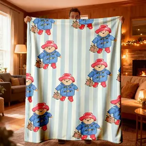 Paddington Bear Blue Striped Flannel Throw Blanket, Soft Lightweight Warm, Perfect for Bedroom Holiday Decor, All Seasons Use